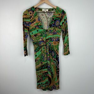 Tibi New York Green Pattern Silk Blend 3/4 Sleeve Dress